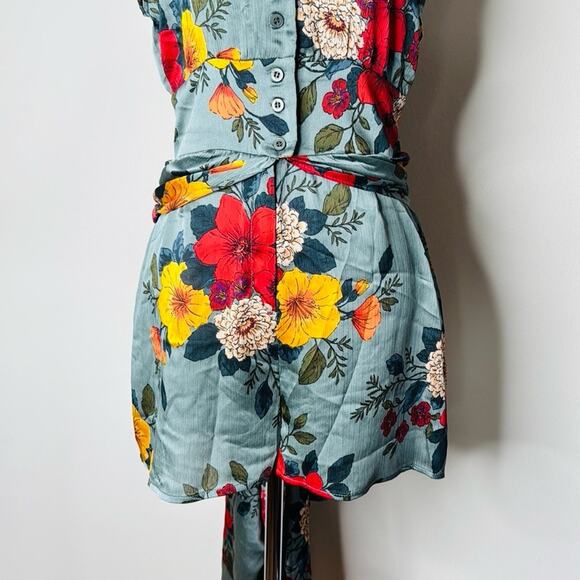 Zara Green Floral Satin Shorts Jumpsuit - Picture 3 of 11